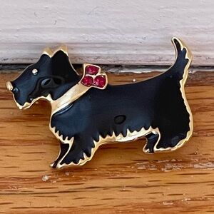 Black Scottie Dog Enamel Pin with Red Bow